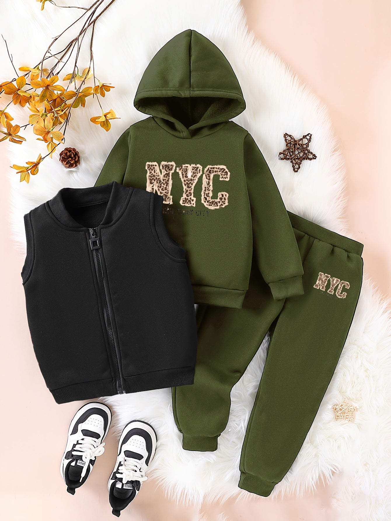 3pcs Girls' NYC Glitter Lettering & Golden Trim Winter Warmth Full-Zip Hooded Sweater & Wide-Leg Pants Set with Faux Fur Hood - Thickened Outerwear for Fall/Winter, Machine Washable - Pink & Black Lettering, White Lettering & MAEJORKEN