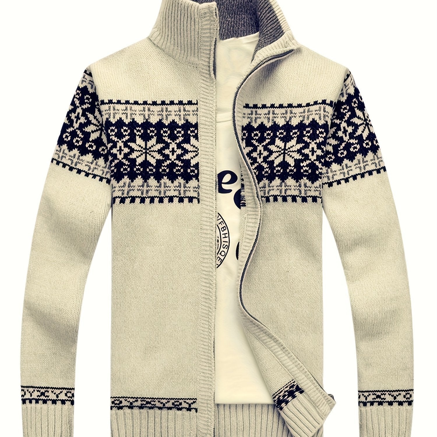 Men'S Casual Winter Knit Cardigan - Black with Intricate White Snowflake Pattern, Stand Collar, Long Sleeve, Zipper Closure, Perfect for Fall & Winter, Everyday Comfort|Stylish Winter Wear|Zippered Cardigan, Thick MAEJORKEN