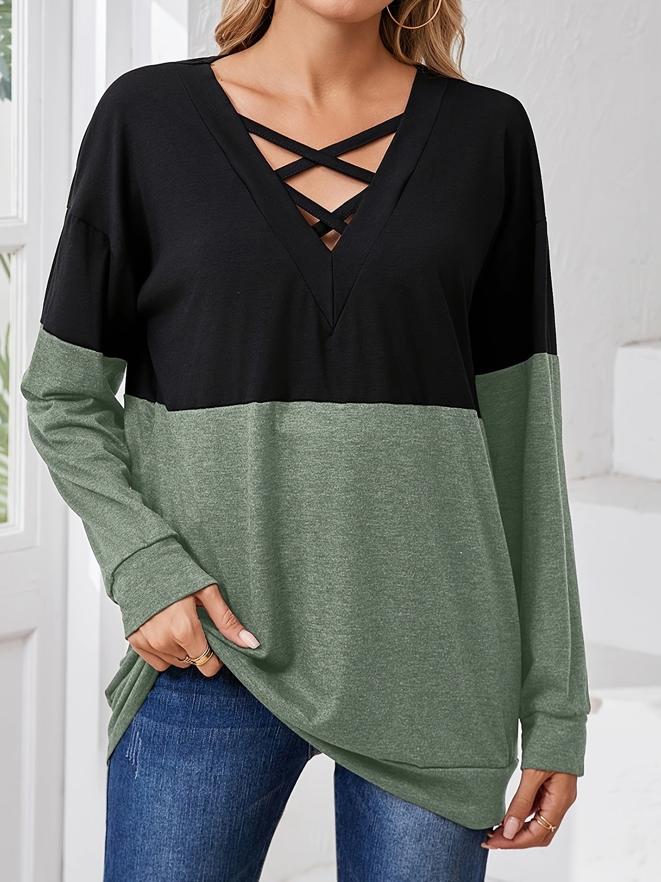 T-shirt décontracté à manches longues col en V du XL au 4XL MAEJORKEN