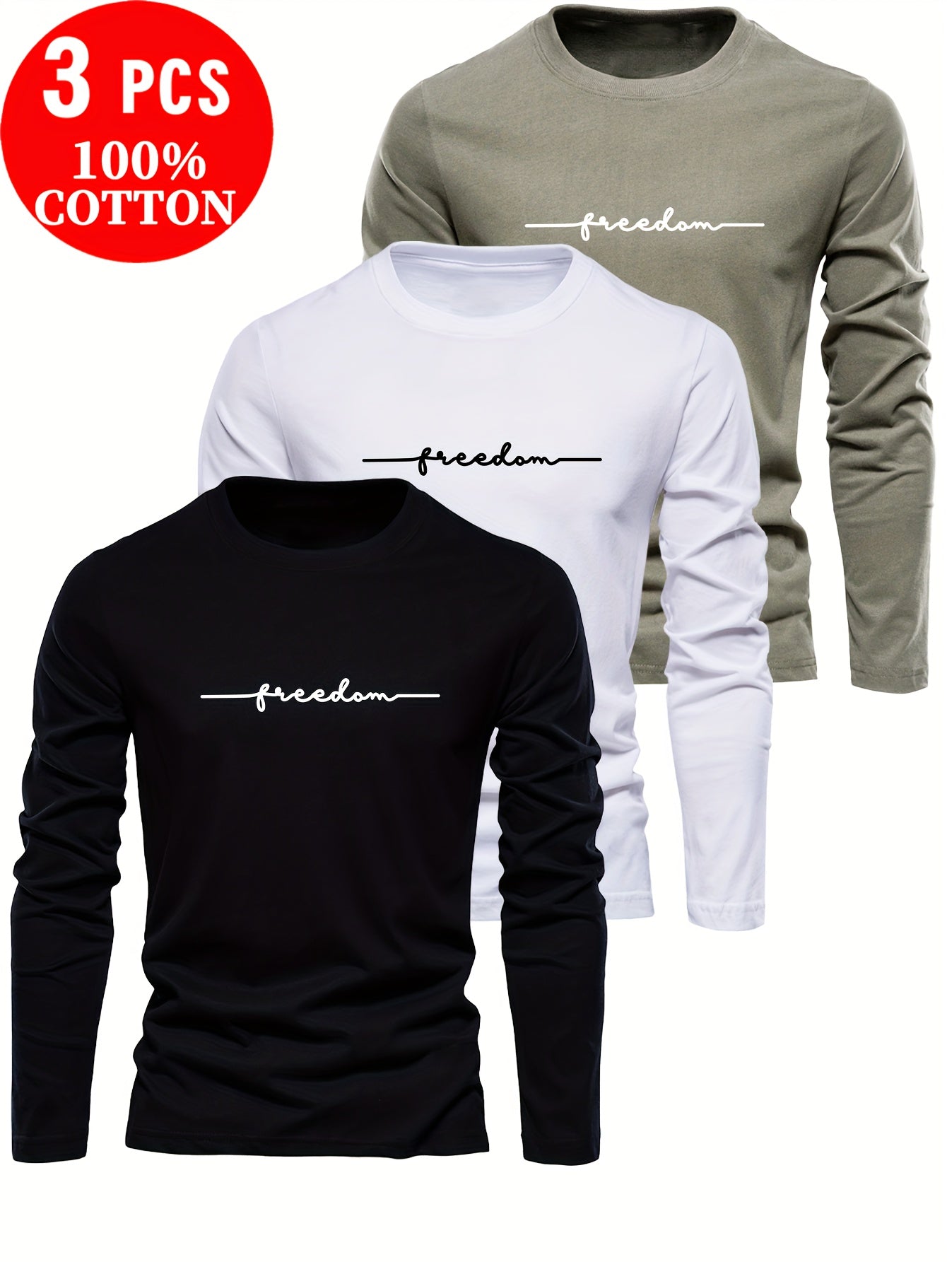 Lot de 3 t-shirts à manches longues 100% coton du XXS au 2XL MAEJORKEN