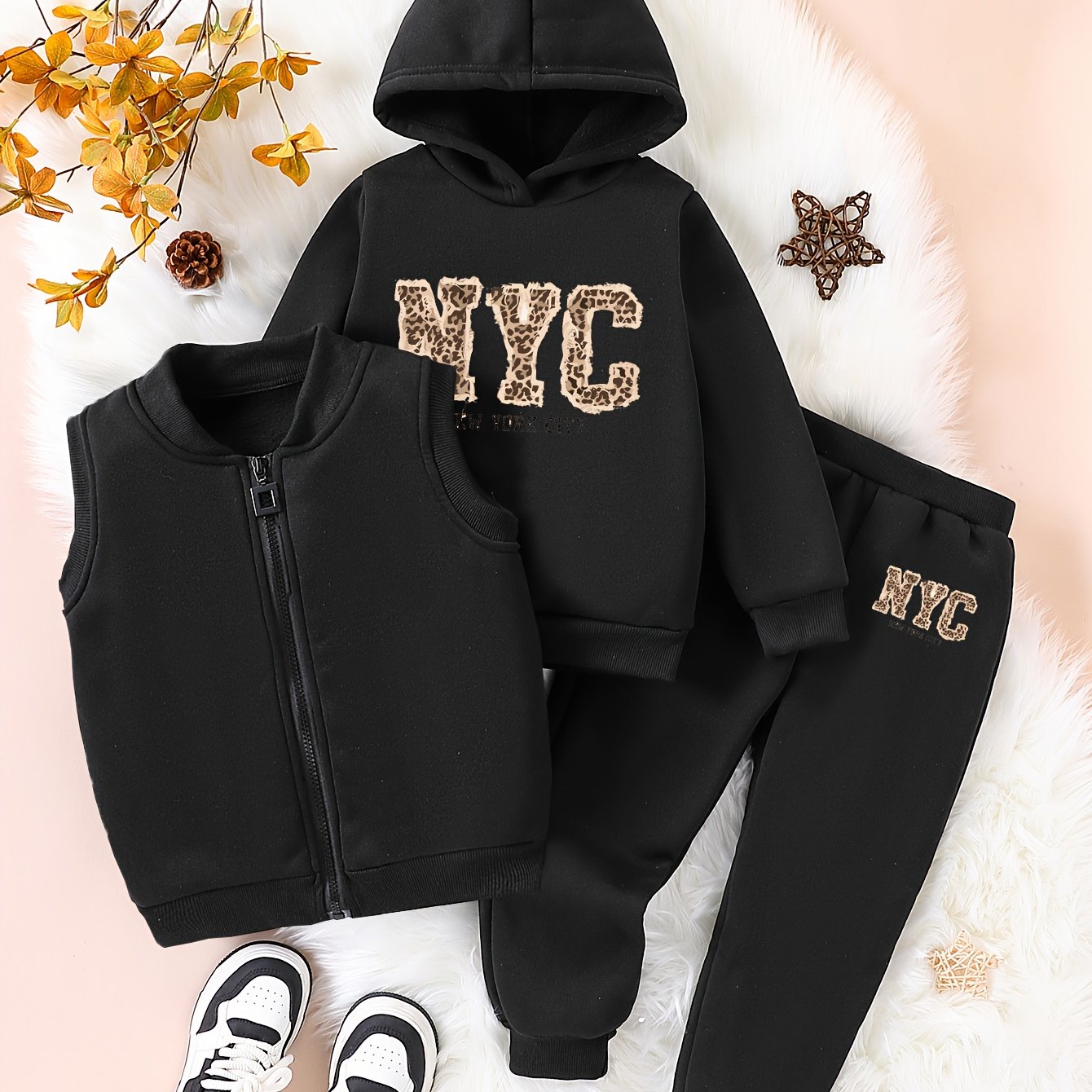 3pcs Girls' NYC Glitter Lettering & Golden Trim Winter Warmth Full-Zip Hooded Sweater & Wide-Leg Pants Set with Faux Fur Hood - Thickened Outerwear for Fall/Winter, Machine Washable - Pink & Black Lettering, White Lettering & MAEJORKEN