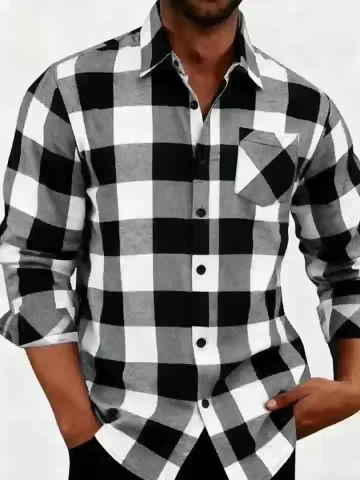 Men's Black & White Plaid Long Sleeve Shirt with Lapel Collar & Chest Pocket - Classic Checkered Button- Button-Front Coat Jacket-like Blazer for Autumn/Winter, Casual & Formal Events (Machine Washable) MAEJORKEN