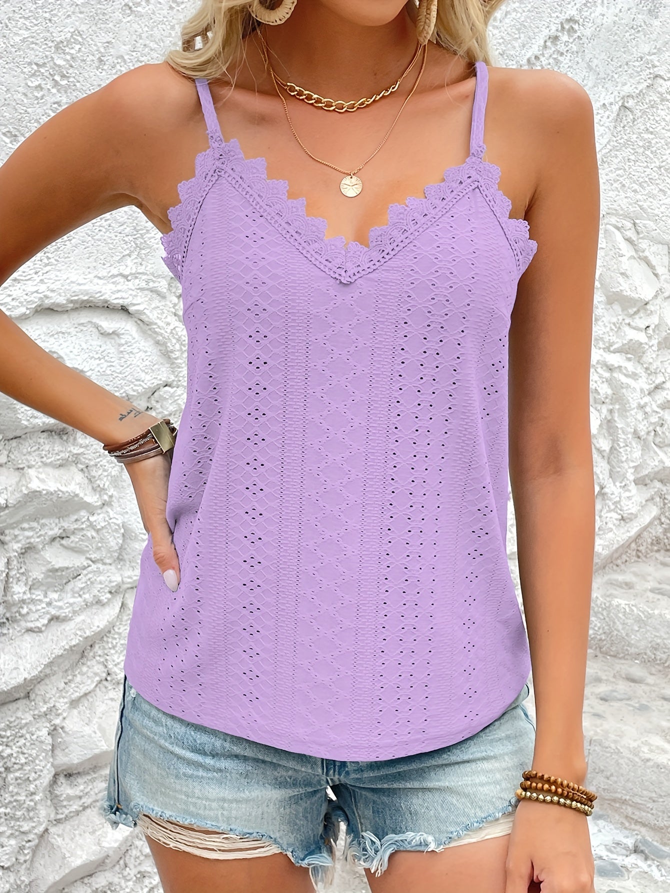 Haut en dentelle contrastée à œillets du S au 2XL