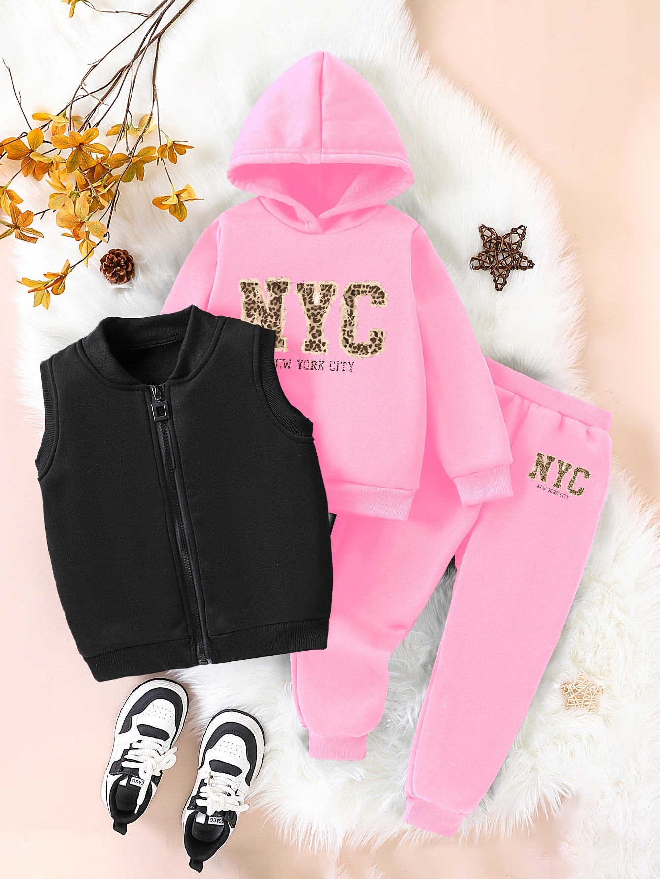 3pcs Girls' NYC Glitter Lettering & Golden Trim Winter Warmth Full-Zip Hooded Sweater & Wide-Leg Pants Set with Faux Fur Hood - Thickened Outerwear for Fall/Winter, Machine Washable - Pink & Black Lettering, White Lettering & MAEJORKEN