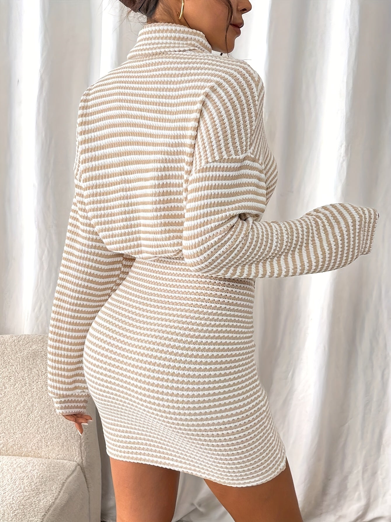 Women's Winter White & Horizontal Striped Tunic Dress - High Neck Long Sleeve A-Line (Curvy-Friendly) with Waist-Cinching, Machine Washable Elegant Office to Party Dress, Structured Coat-Like Fit for Fall/Winter Outfits MAEJORKEN