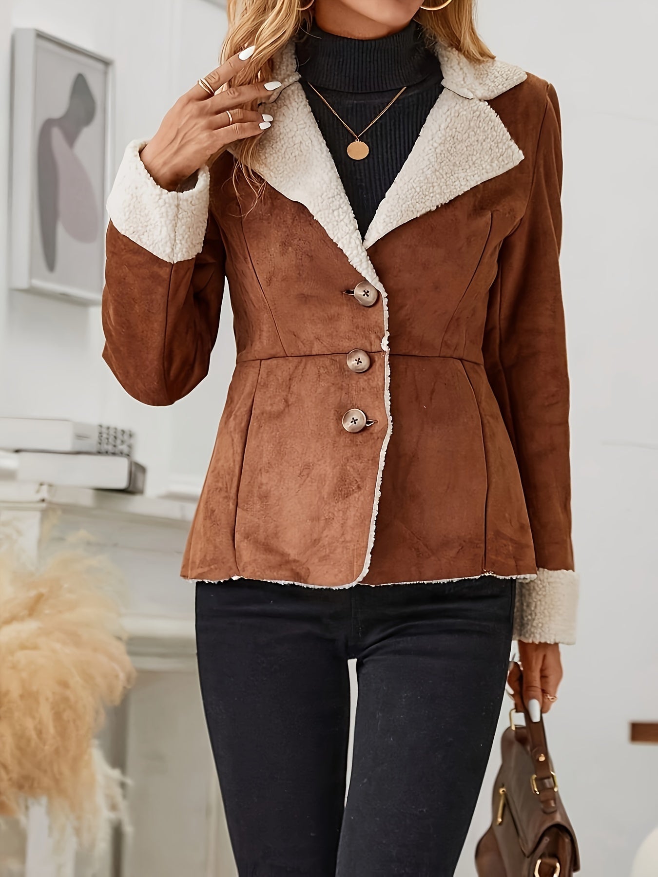 Women'S Casual Polyester Jacket, All-Season Solid Color Lapel Collar with Button Detail, Woven 100% Polyester Coat MAEJORKEN