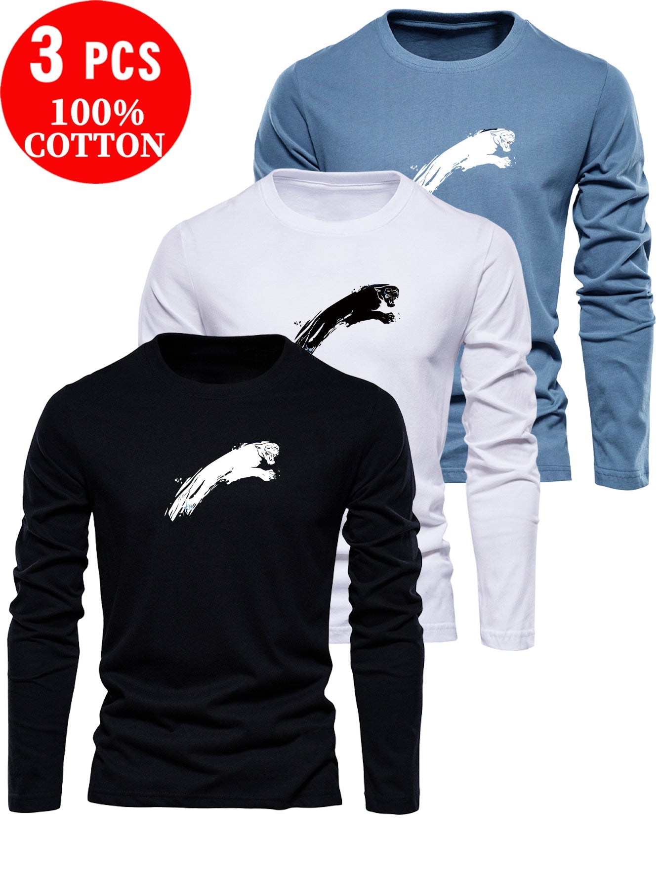 Lot de 3 t-shirts à manches longues 100% coton du XS au 3XL MAEJORKEN