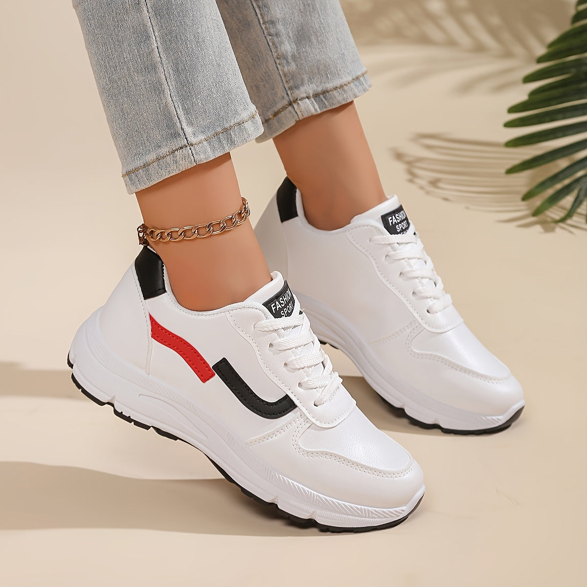 Women'S White & Red Accent Sneakers - Lace-Up Low-Top Shoes with Cushioned Rubber Sole, Synthetic Cover Upper - All-Season Gym, Everyday & Formal Shoes for Women - Non-Slip Grip & Easy-Clean Design, Ladies Sneakers, Gym Footw MAEJORKEN