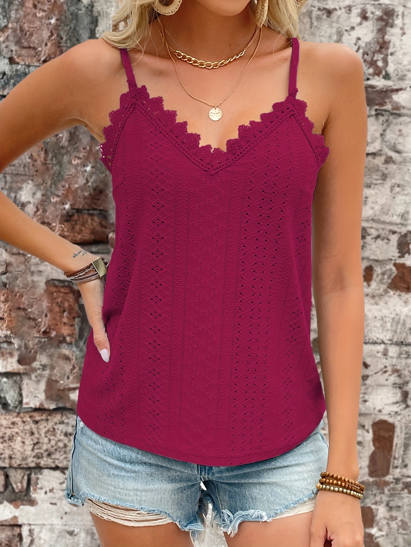 Haut en dentelle contrastée à œillets du S au 2XL