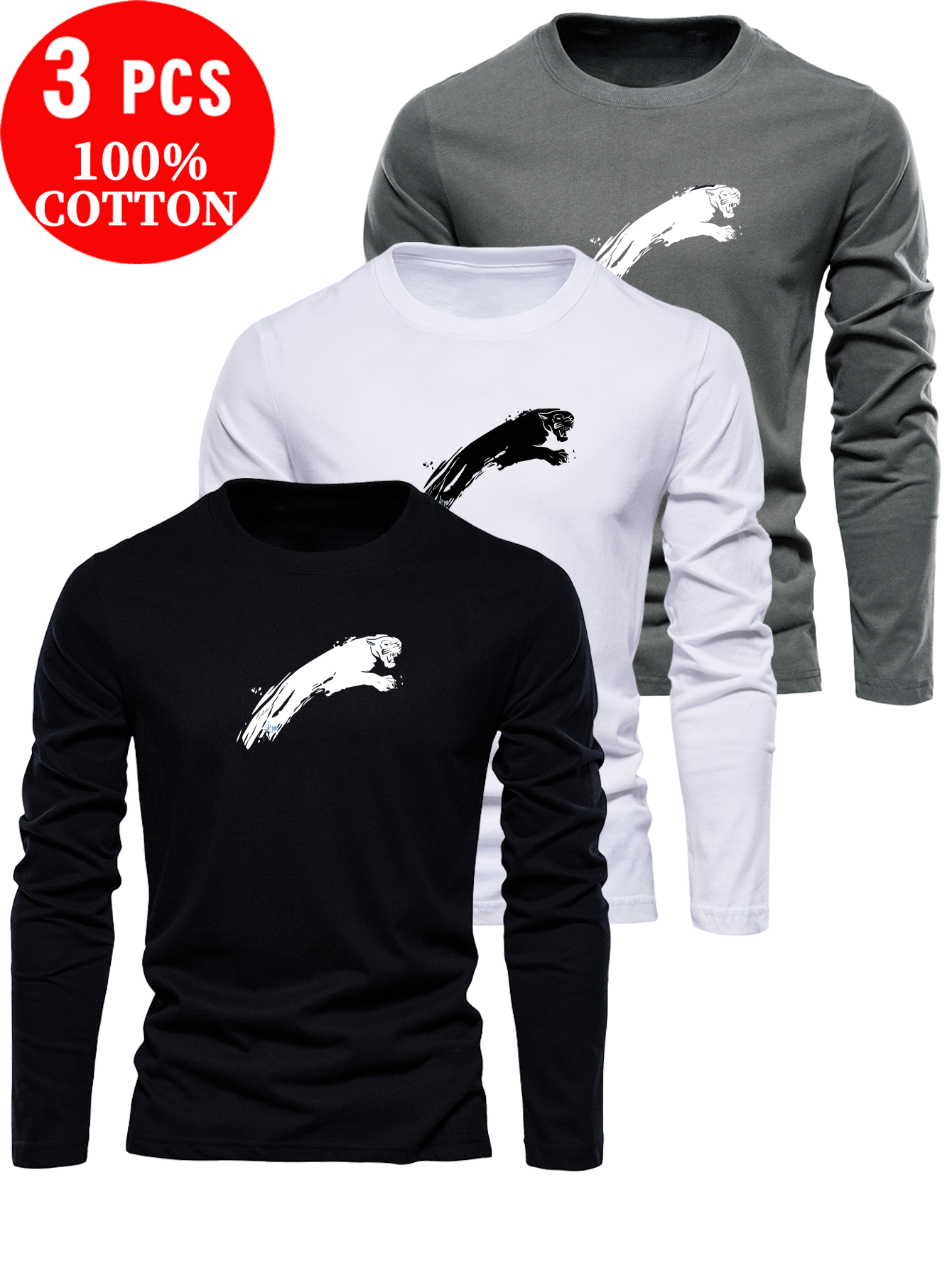 Lot de 3 t-shirts à manches longues 100% coton du XS au 3XL MAEJORKEN