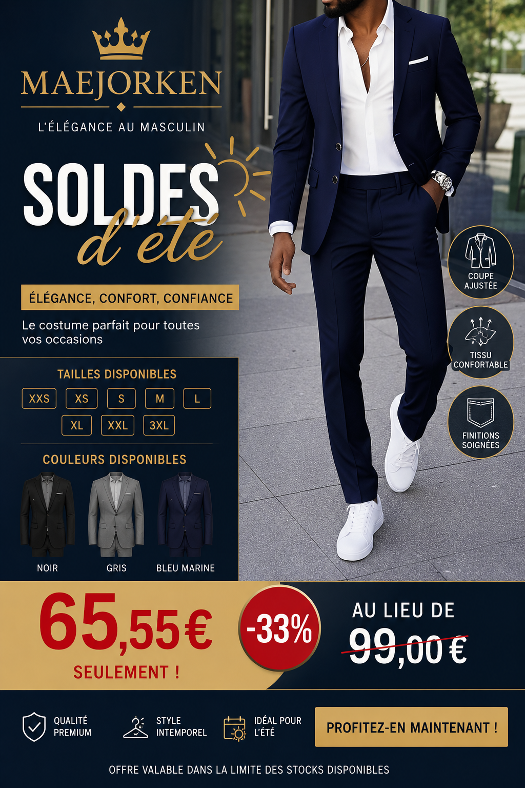 Costume deux pièces slim blazer et pantalon à revers et encoche unie du XXS au 3XL MAEJORKEN