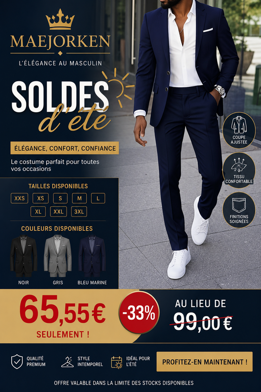 Costume deux pièces slim blazer et pantalon à revers et encoche unie du XXS au 3XL MAEJORKEN
