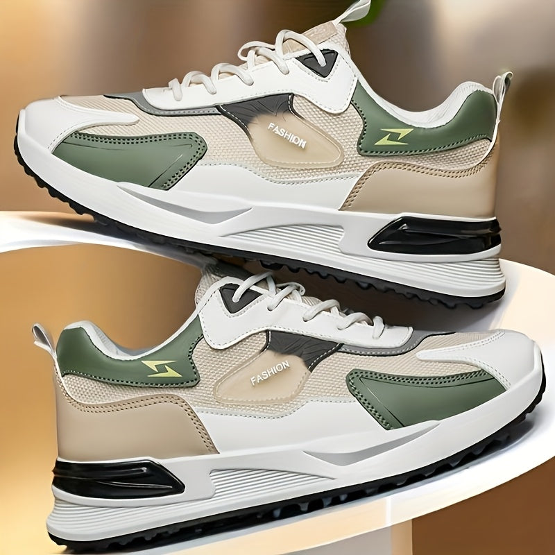 Men's Trendy Chunky Sneakers - Breathable Mesh Dad Shoes with Cushioned Insole, All-Season Wear, Green & Beige Color Scheme, Casual Sneakers for Walking, Running & Everyday Use MAEJORKEN