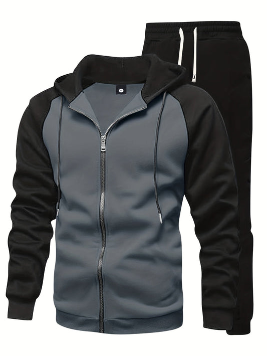 2pcs Men'S Raglan Sleeve Full-Zip Hoodie + Drawstring Pants Set, Solid Color Basic Style, Ideal for Spring/Autumn/Winter Streetwear, Jogging, Commuting, Travel, and Outdoor Camping – Perfect Gift for Husband Boyfriend, Acti MAEJORKEN