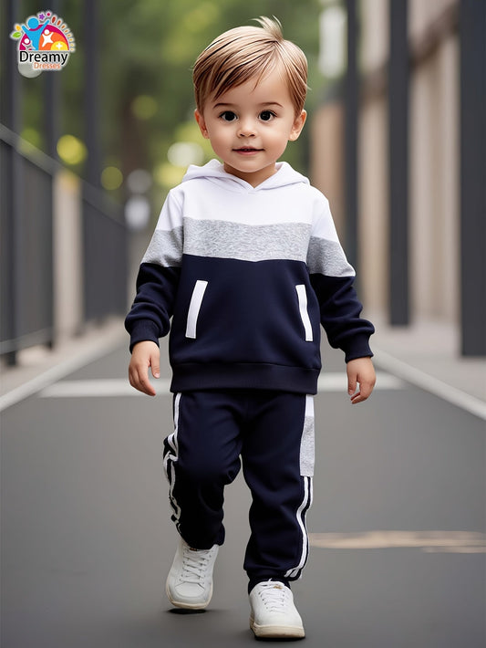 Boys' Dreamy Dresses Fall/Winter Fashion Set - Color Block Hoodie & Casual Pants in White, Gray, Navy - Polyester, Long Sleeve, Non-Stretch Fabric, Winter Youngsters's Clothing|Casual Pants Set|Easy Care Material, Perfect for MAEJORKEN