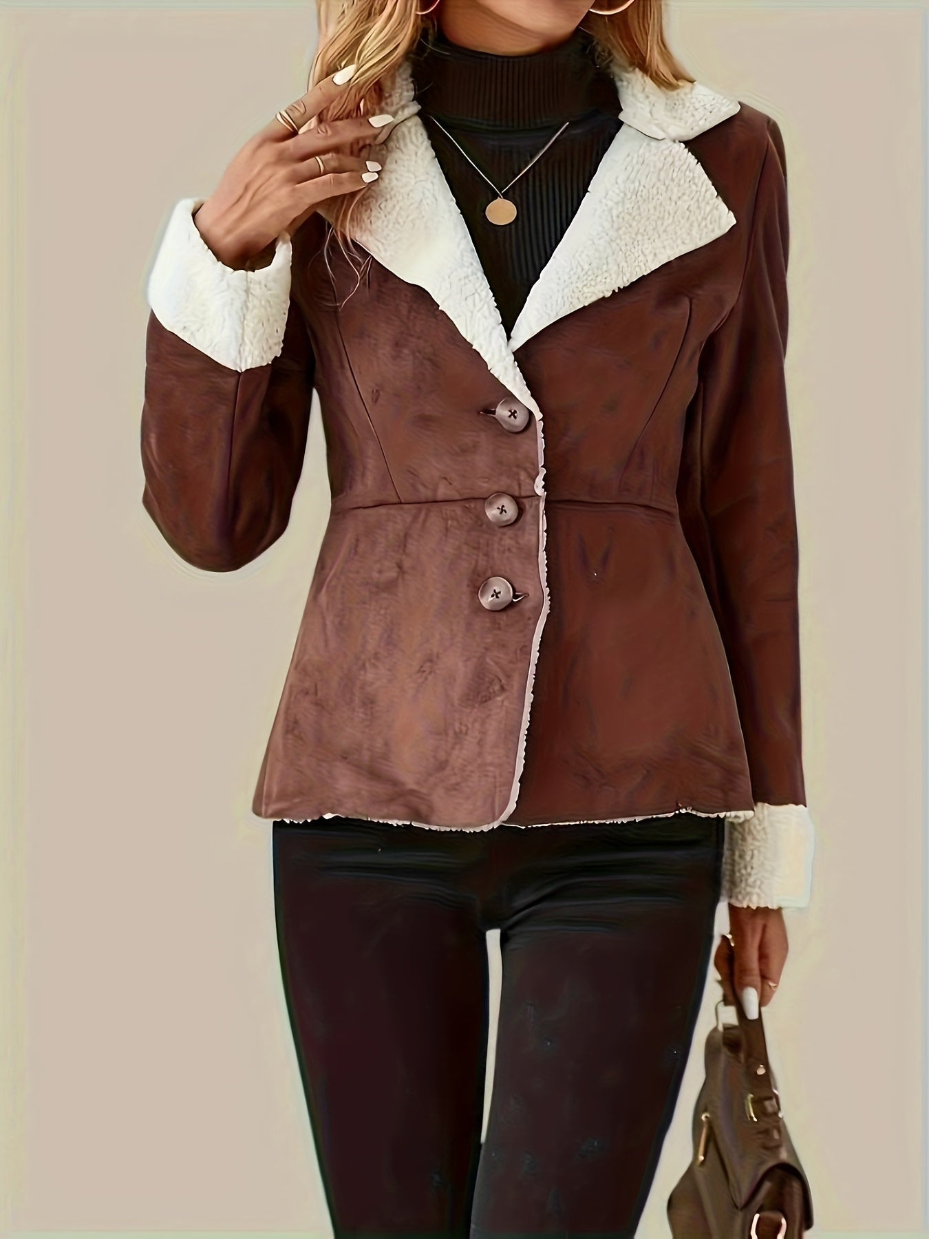 Women'S Casual Polyester Jacket, All-Season Solid Color Lapel Collar with Button Detail, Woven 100% Polyester Coat MAEJORKEN