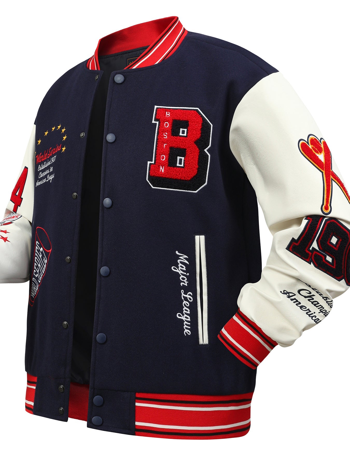 's Varsity Jacket with Sleeves & Number 19 Emblem - Oversized Loose-Fit College Letterman Blazer, Snap Closure, Red/White Trim, Baseball Collar & Pockets - Casual Sportswear for Events, Hip-Hop Street Style (Blue MAEJORKEN