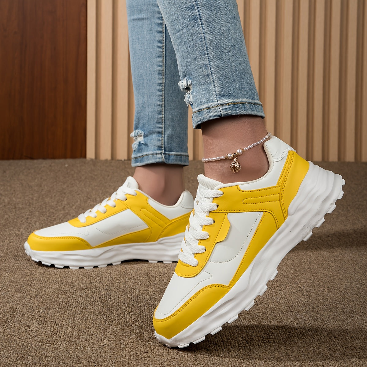 Women'S Casual Sneakers - Stylish Low-Top Lace-Up Shoes with Vibrant Neon Green & White Color Block Design, Breathable Fabric Lining, EVA Cushioned Sole for All-Season Outdoor Commuting & Casual Attire, Ladies Sneakers, Comfo MAEJORKEN