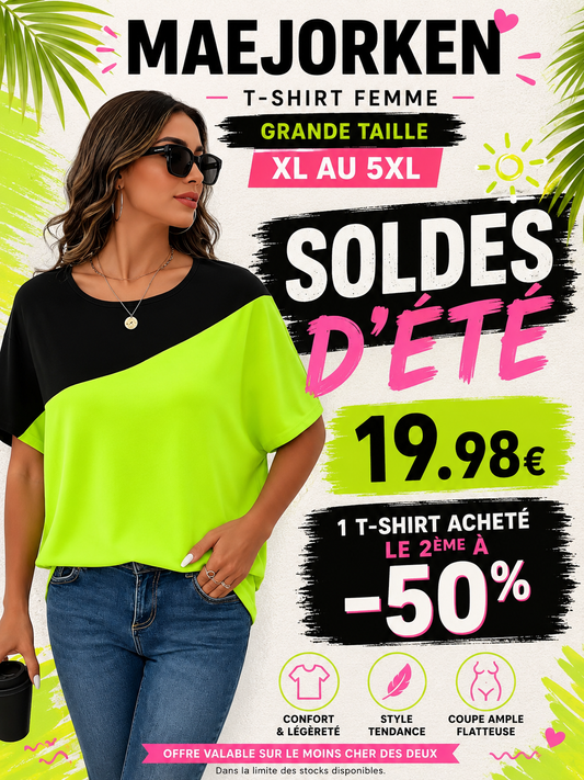 T-Shirt Décontracté à Manches Chauve-Souris et Blocs de Couleur pour Femmes Grande Taille - Nouvelle Arrivée du XL au 5XL MAEJORKEN