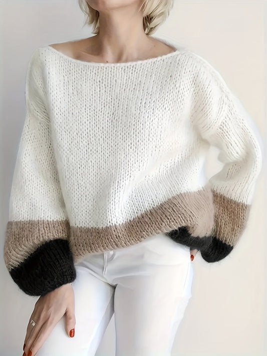 Plus Size, Women's Casual Striped Round Neck Sweater, Loose Fit Winter Pullover with Elasticity, V-Neck Stripe Autumn/Winter Top MAEJORKEN