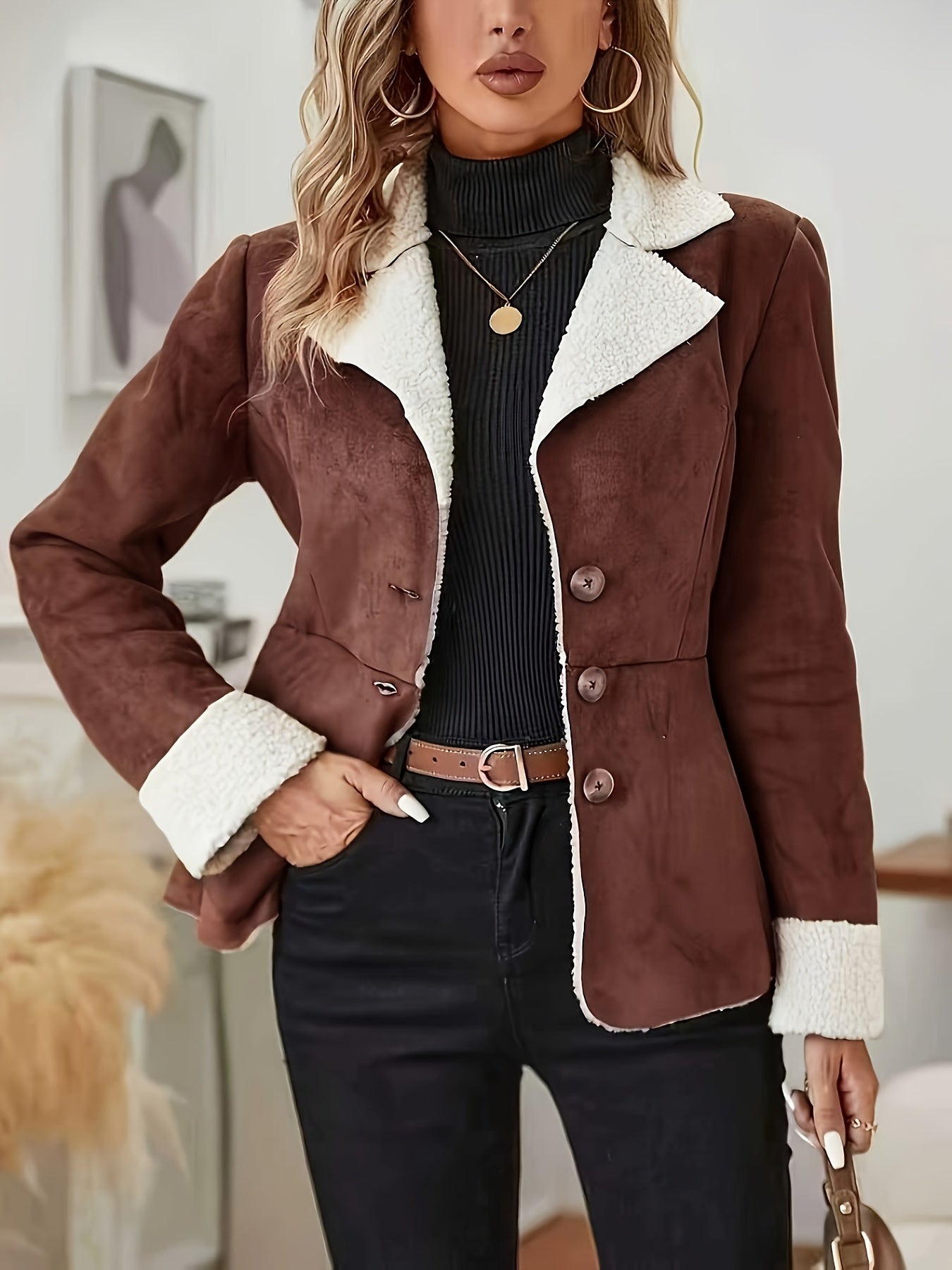 Women'S Casual Polyester Jacket, All-Season Solid Color Lapel Collar with Button Detail, Woven 100% Polyester Coat MAEJORKEN