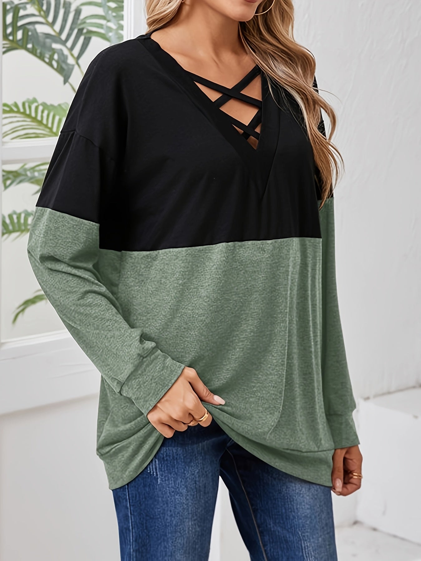 T-shirt décontracté à manches longues col en V du XL au 4XL MAEJORKEN