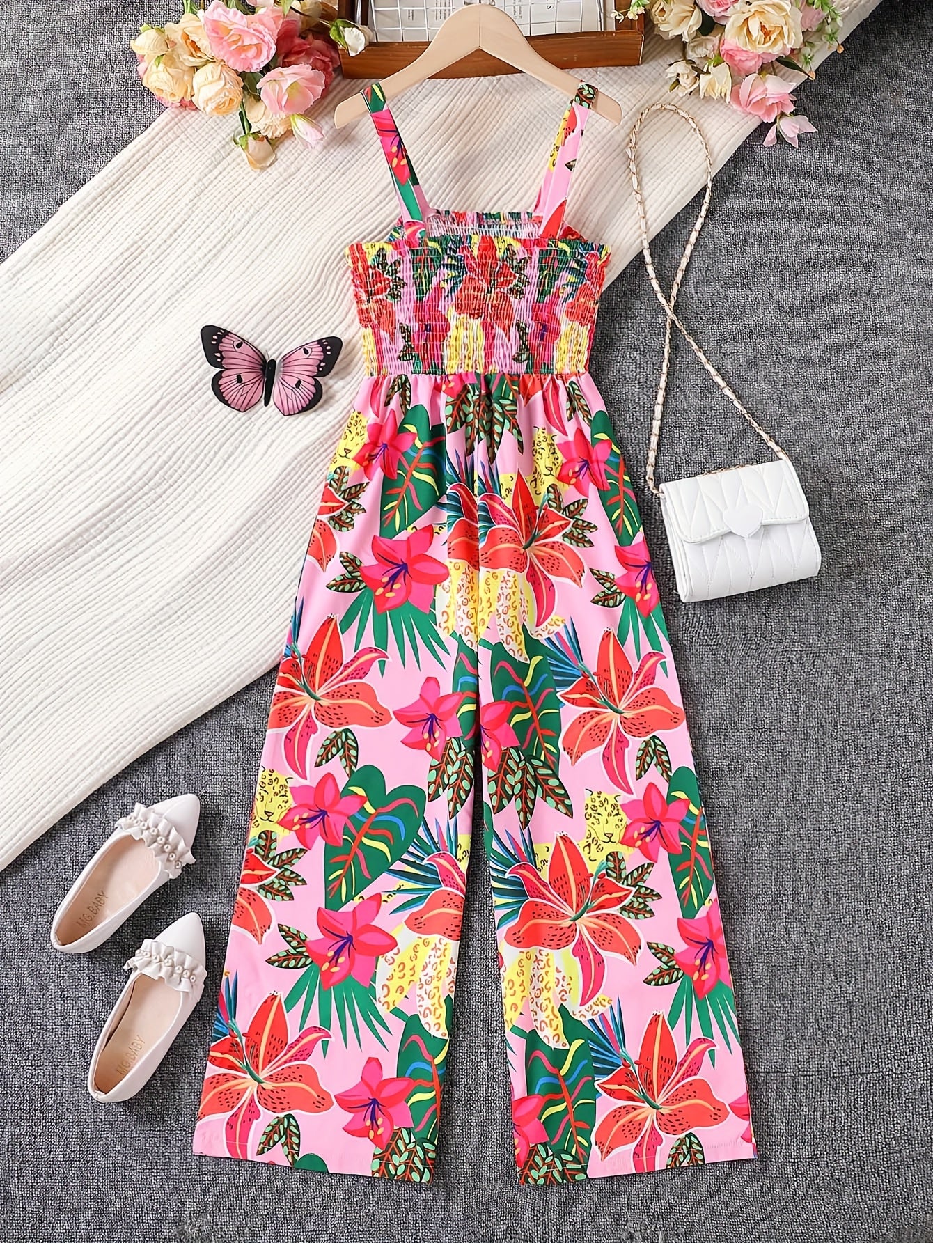 Combinaison élégante à imprimé floral avec taille froncée et design jambes larges du 7 au 16 ans