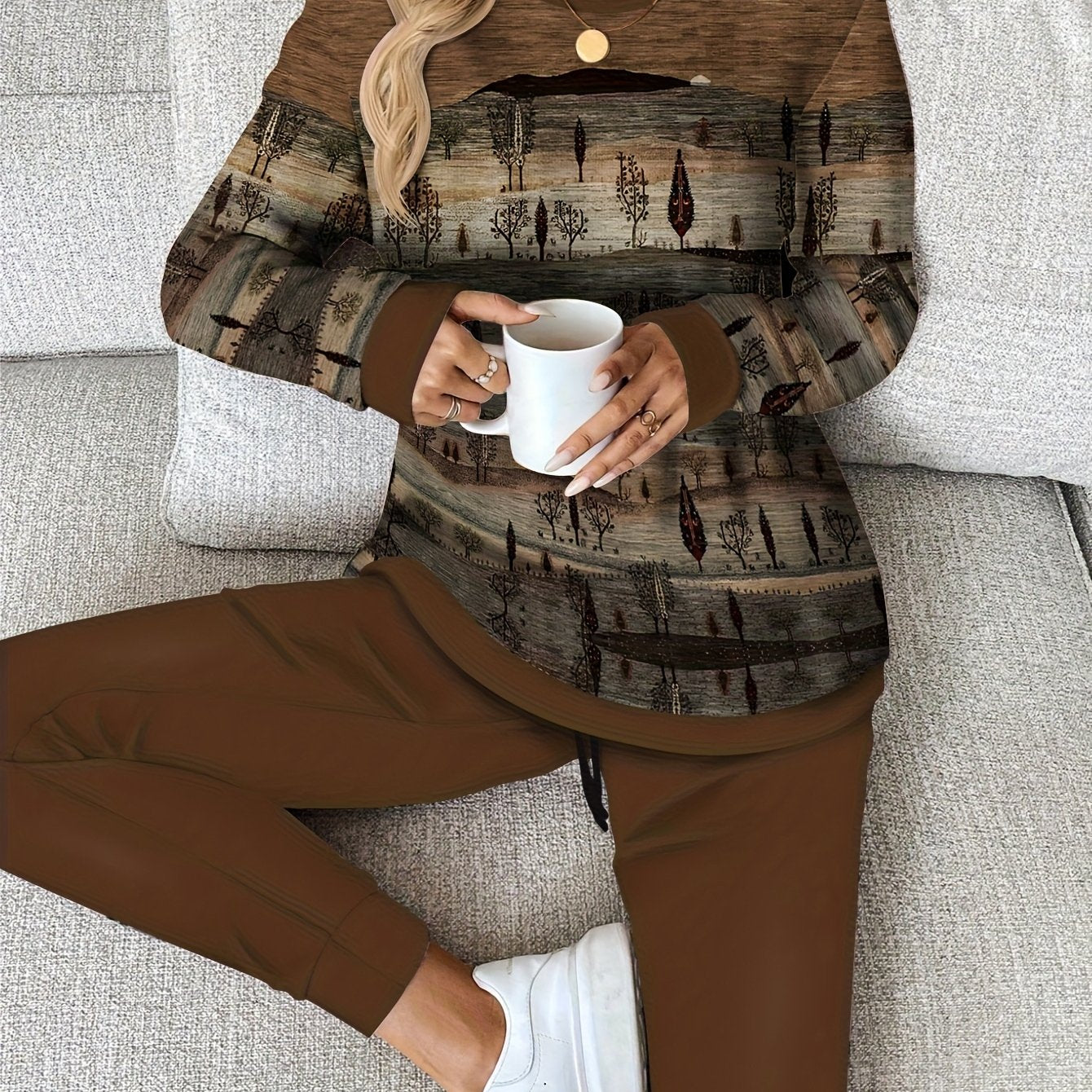 Plus Size, Autumn-Winter Fashion Plus Size Set: Soft and Lazy Atmosphere Thin Round Neck Sweatshirt and Pants Set - No Accessories MAEJORKEN