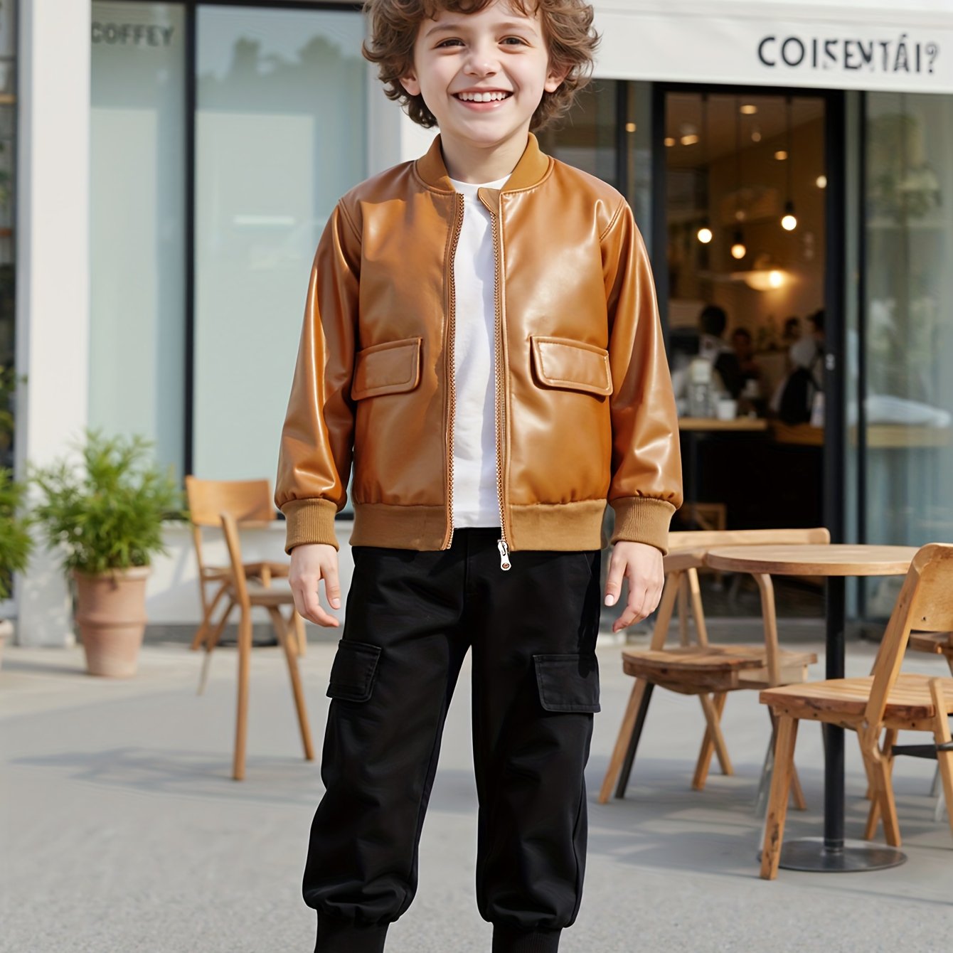 New Trendy Outfit for Boys: Brown Leather Jacket Paired with Black Cargo Pants. Simple Yet Stylish, The Leather Jacket Has a Quality Feel While The Cargo Pants Are Cool And Trendy. The Color Combination Is Harmonious And Fash MAEJORKEN
