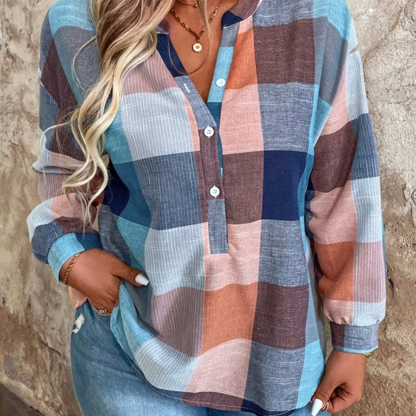 Women's Elegant Plaid Shirt - Multicolor Checkered Blouse (Pink/Blue/Beige/Turquoise) | Short Sleeve Button-Up Collar, Wrinkle-Resistant Casual & Office Wear | Spring/Fall Layering Top | Machine Washable Non-Stretch Shirt MAEJORKEN