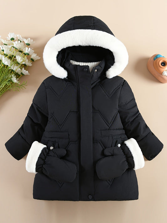 Manteau de couleur unie à capuche avec paires de gants pour filles de 1 à 10 ans MAEJORKEN
