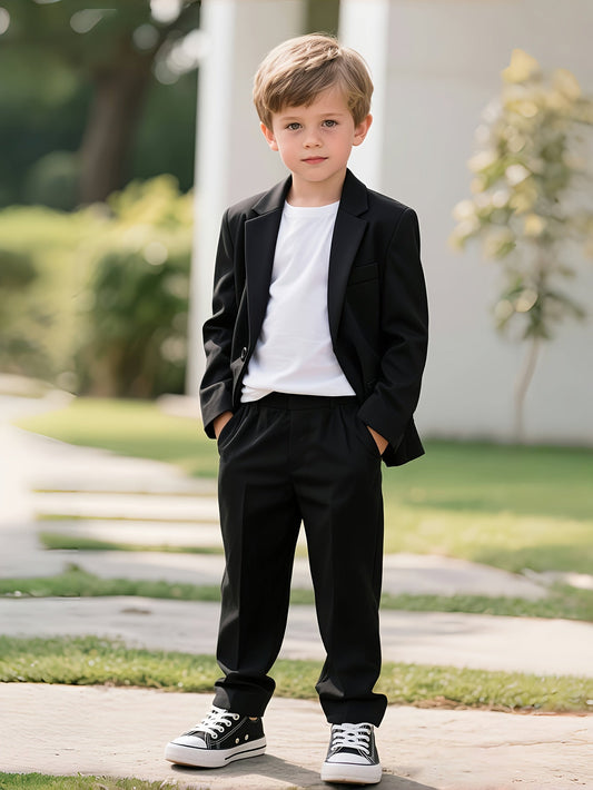 Boys' 2pcs Casual Suit Set | Blazer & Pants Matching Outfit | Smart Comfort for School, Parties & Events | Black, Solid Color, Long Sleeve, Button-Up, Regular Fit, All-Season Wear, Perfect for Outdoor Activities, Party Attire MAEJORKEN
