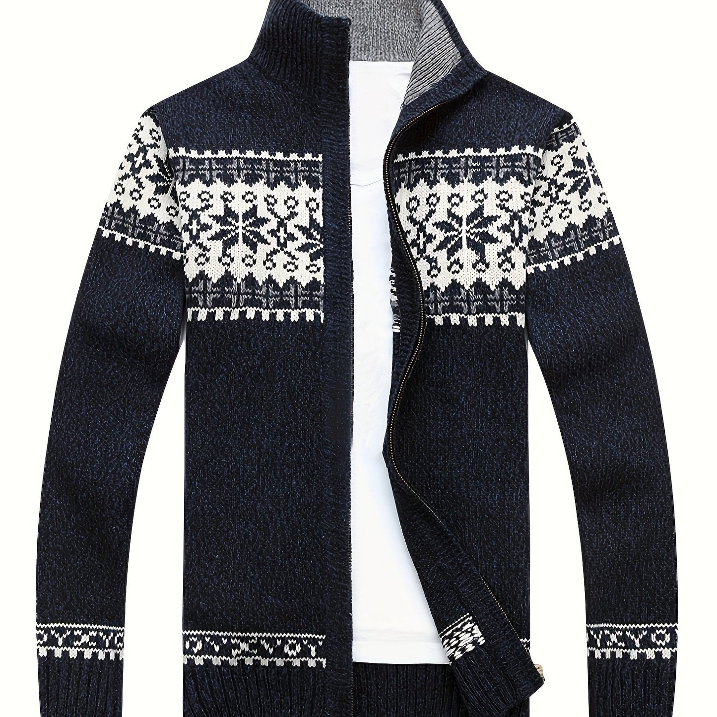 Men'S Casual Winter Knit Cardigan - Black with Intricate White Snowflake Pattern, Stand Collar, Long Sleeve, Zipper Closure, Perfect for Fall & Winter, Everyday Comfort|Stylish Winter Wear|Zippered Cardigan, Thick MAEJORKEN