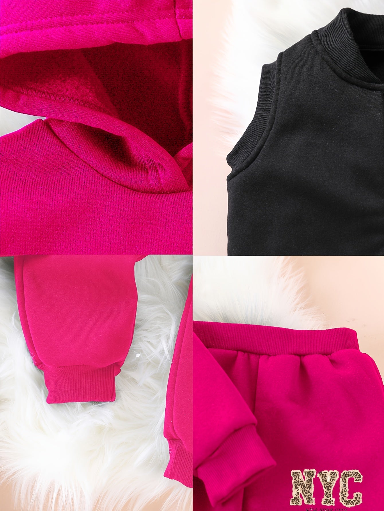 3pcs Girls' NYC Glitter Lettering & Golden Trim Winter Warmth Full-Zip Hooded Sweater & Wide-Leg Pants Set with Faux Fur Hood - Thickened Outerwear for Fall/Winter, Machine Washable - Pink & Black Lettering, White Lettering & MAEJORKEN