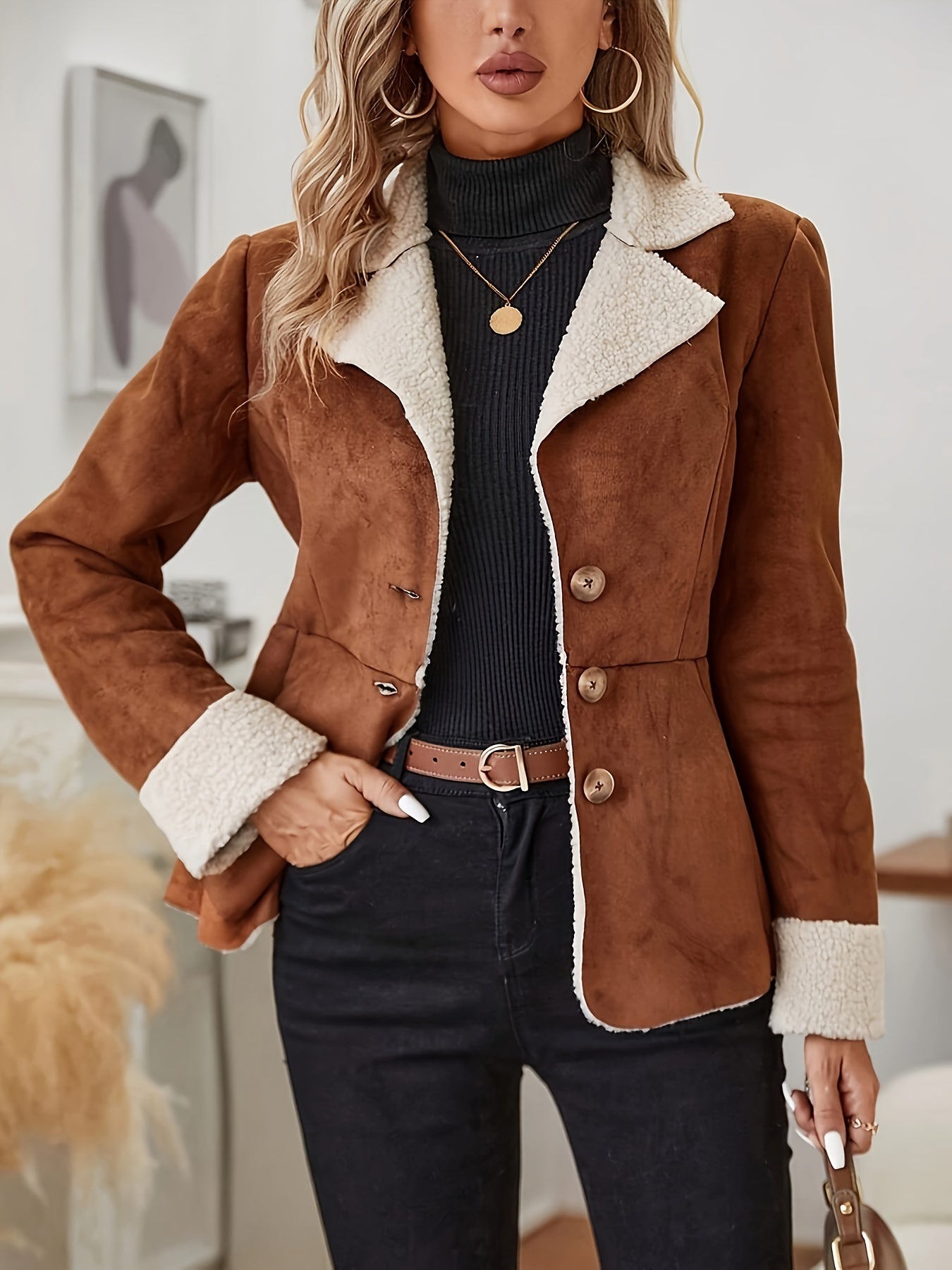 Women'S Casual Polyester Jacket, All-Season Solid Color Lapel Collar with Button Detail, Woven 100% Polyester Coat MAEJORKEN