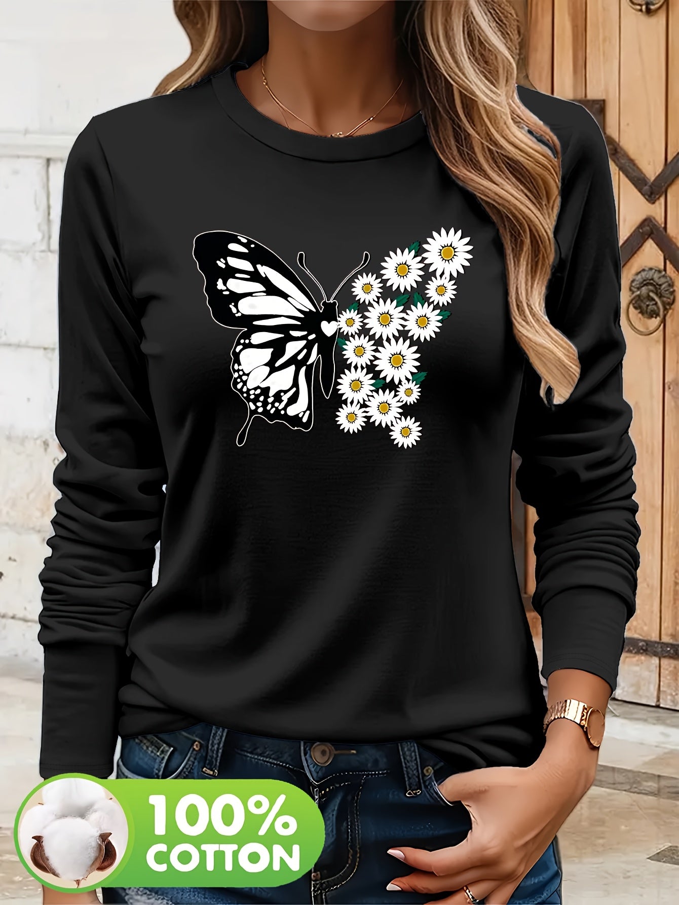 Pull à manches longues femme 100% coton imprimé papillon du S au 2XL