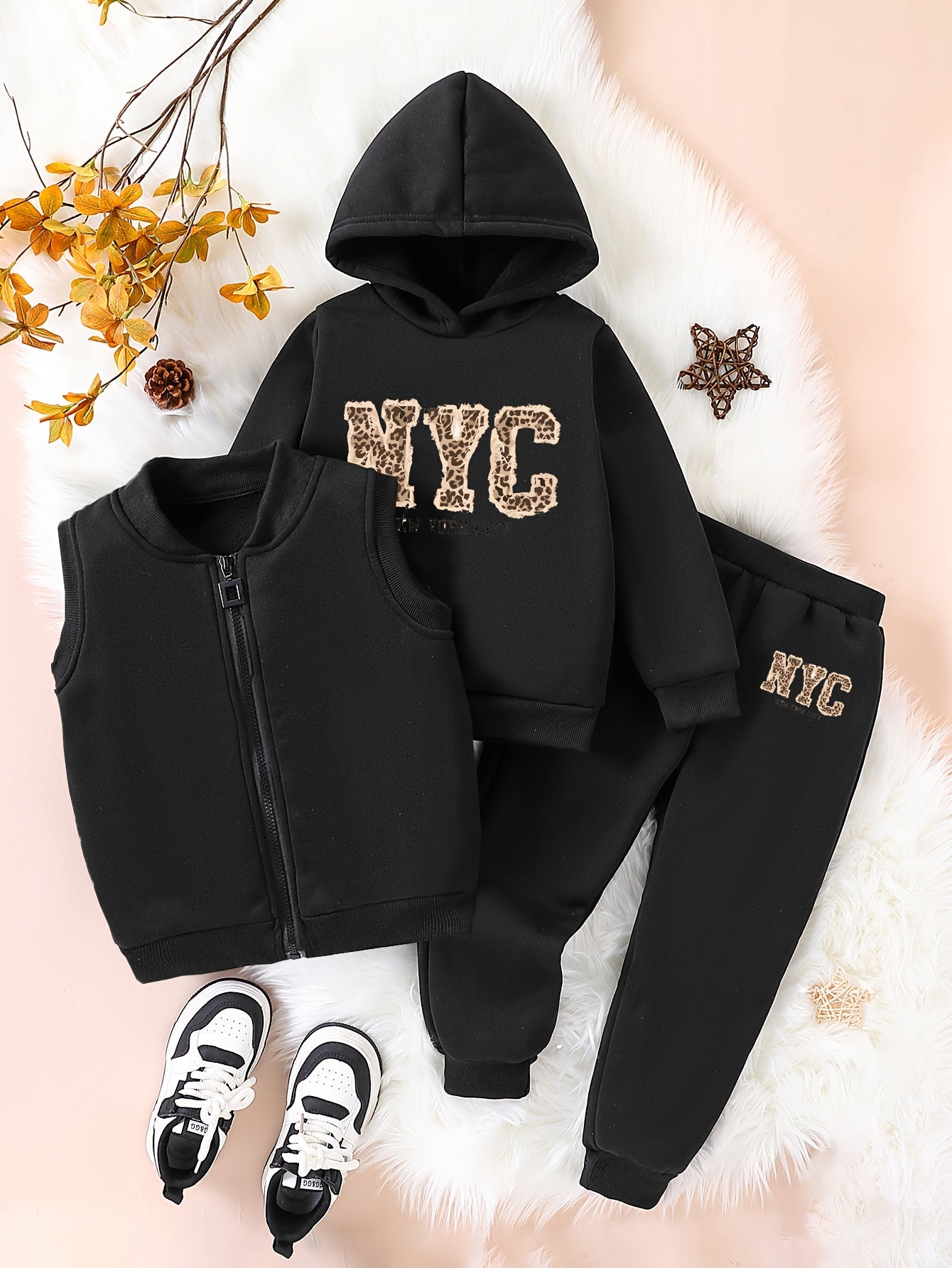 3pcs Girls' NYC Glitter Lettering & Golden Trim Winter Warmth Full-Zip Hooded Sweater & Wide-Leg Pants Set with Faux Fur Hood - Thickened Outerwear for Fall/Winter, Machine Washable - Pink & Black Lettering, White Lettering & MAEJORKEN