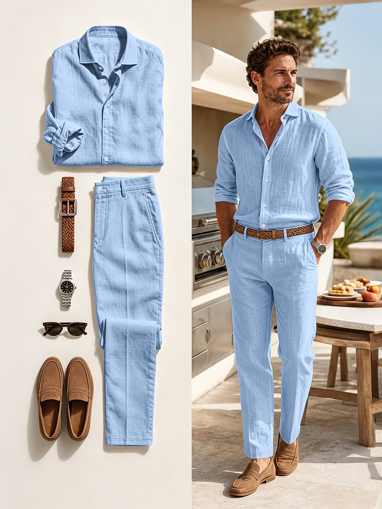 Ensemble 2 pièces pour hommes, chemise à revers à manches longues et texture lin et ensemble de pantalon, vêtement uni décontracté léger et respirant du S au 3XL MAEJORKEN