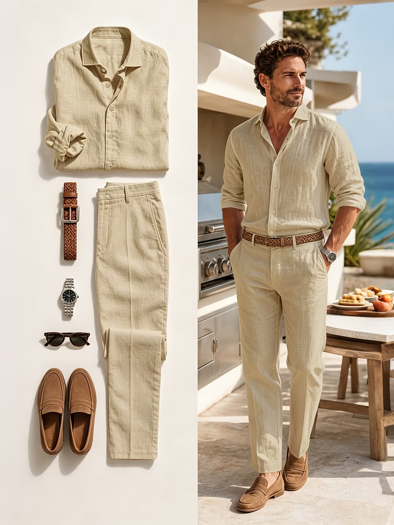 Ensemble 2 pièces pour hommes, chemise à revers à manches longues et texture lin et ensemble de pantalon, vêtement uni décontracté léger et respirant du S au 3XL MAEJORKEN