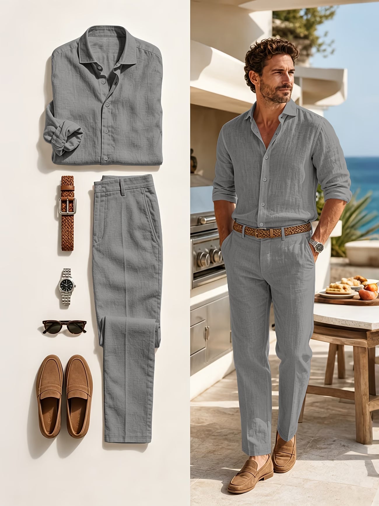 Ensemble 2 pièces pour hommes, chemise à revers à manches longues et texture lin et ensemble de pantalon, vêtement uni décontracté léger et respirant du S au 3XL MAEJORKEN