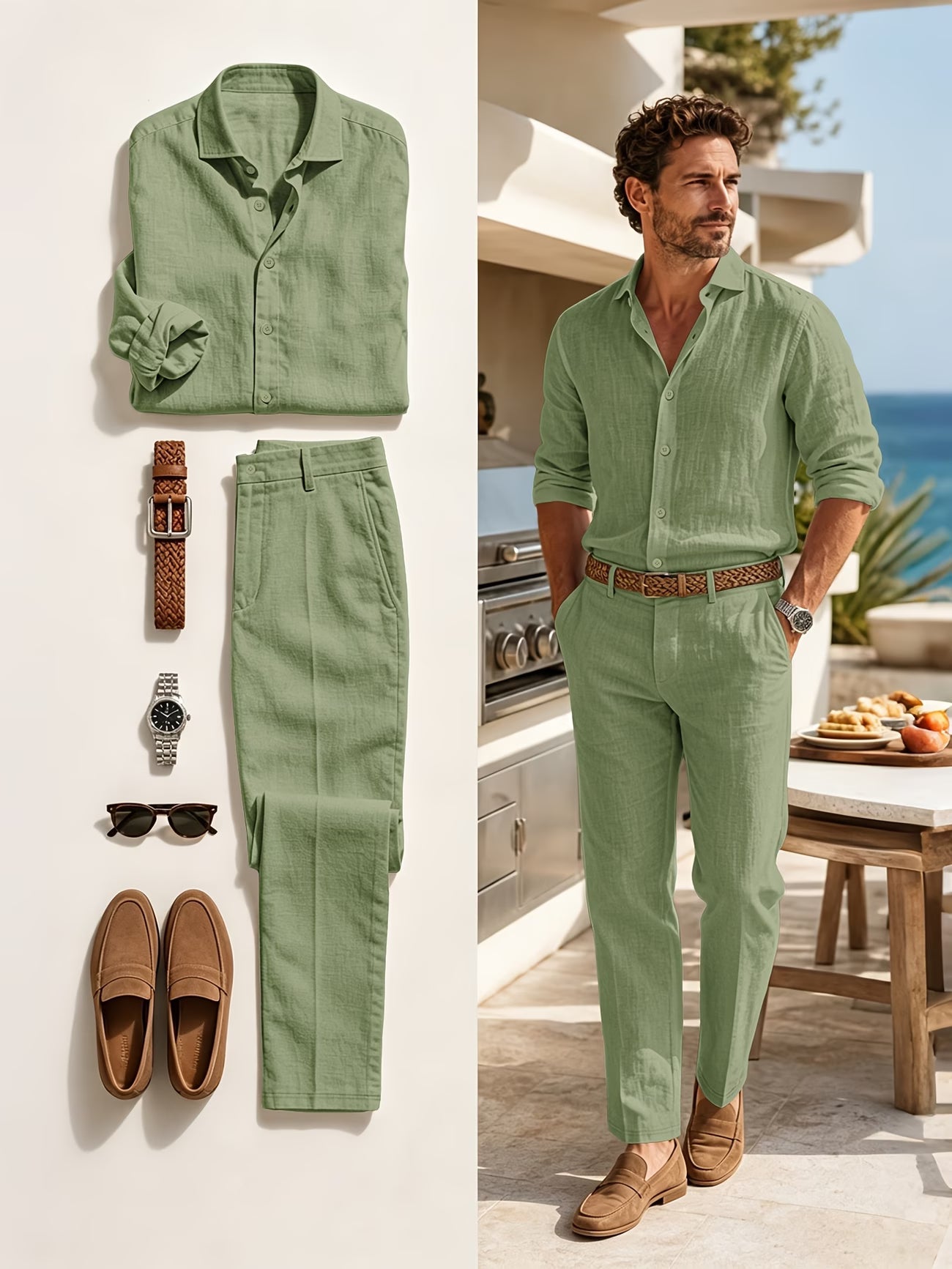 Ensemble 2 pièces pour hommes, chemise à revers à manches longues et texture lin et ensemble de pantalon, vêtement uni décontracté léger et respirant du S au 3XL MAEJORKEN