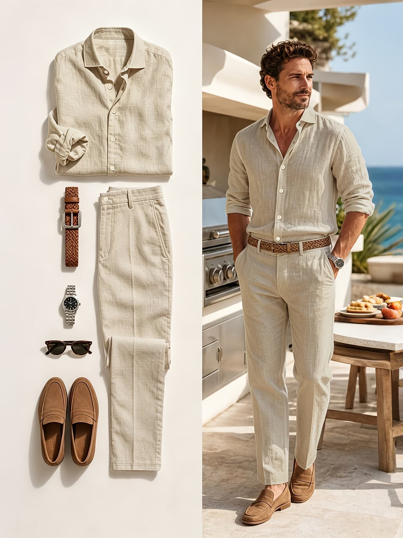 Ensemble 2 pièces pour hommes, chemise à revers à manches longues et texture lin et ensemble de pantalon, vêtement uni décontracté léger et respirant du S au 3XL MAEJORKEN