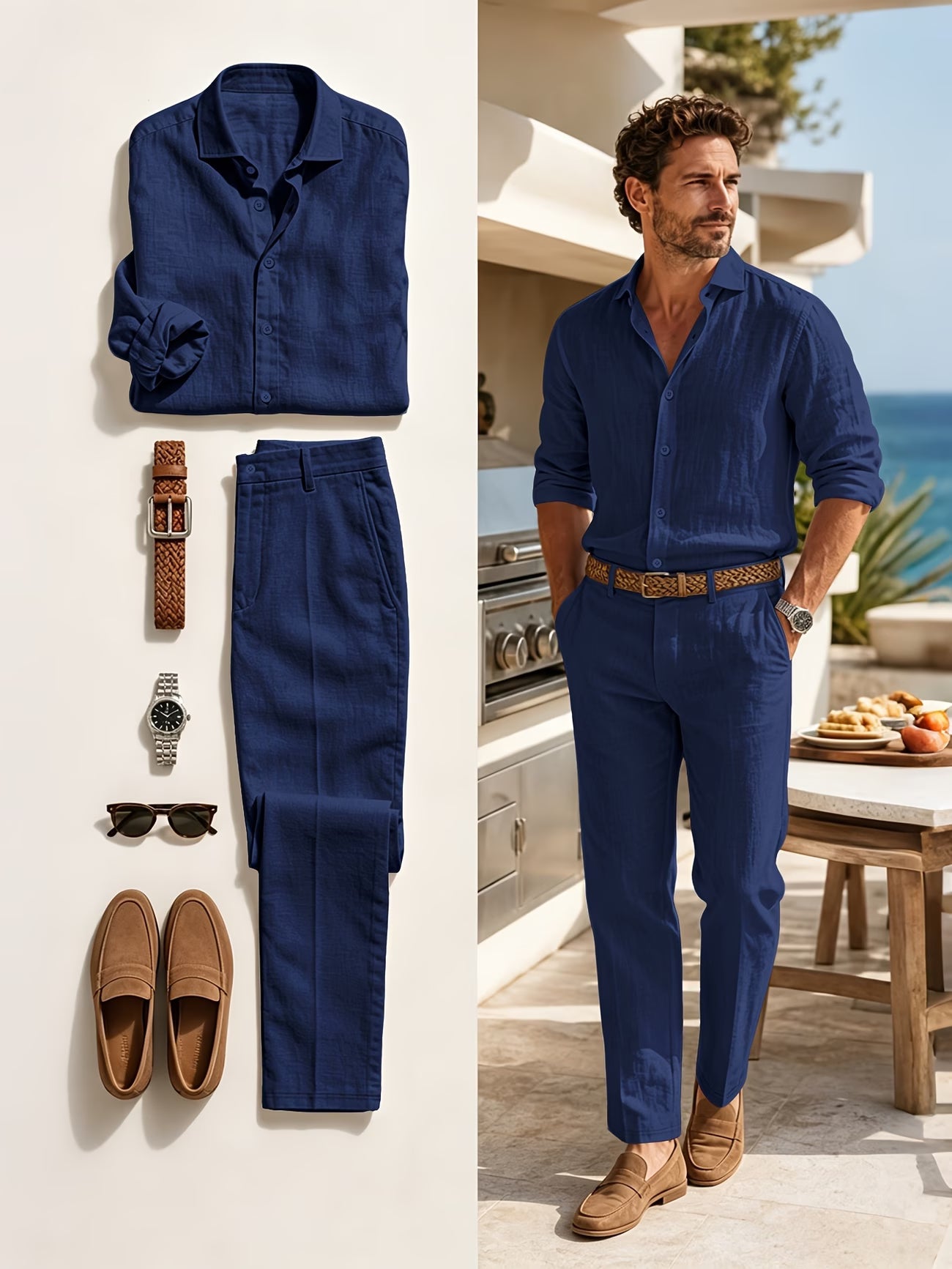 Ensemble 2 pièces pour hommes, chemise à revers à manches longues et texture lin et ensemble de pantalon, vêtement uni décontracté léger et respirant du S au 3XL MAEJORKEN