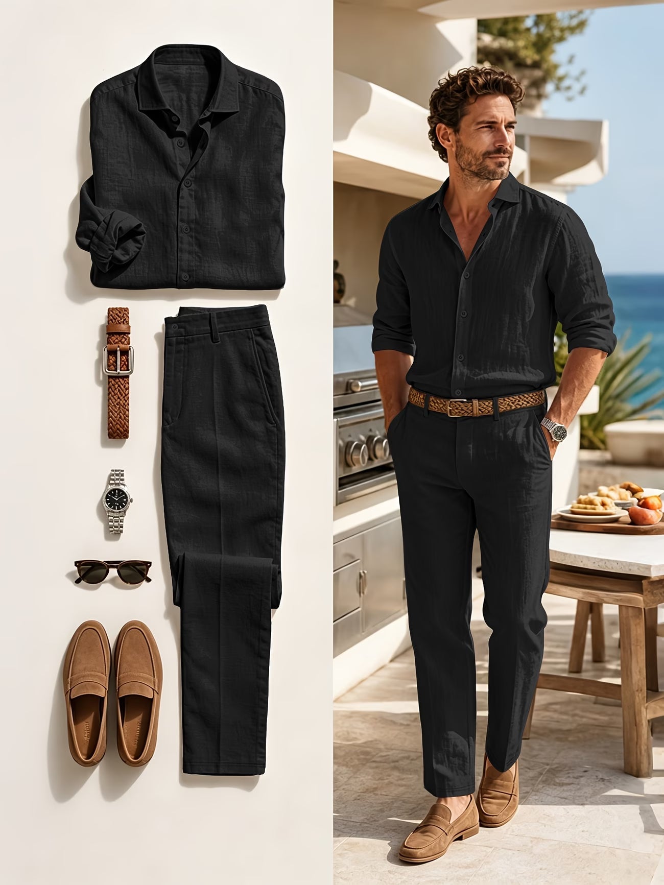 Ensemble 2 pièces pour hommes, chemise à revers à manches longues et texture lin et ensemble de pantalon, vêtement uni décontracté léger et respirant du S au 3XL MAEJORKEN