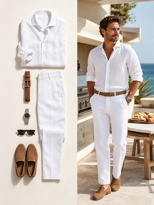 Ensemble 2 pièces pour hommes, chemise à revers à manches longues et texture lin et ensemble de pantalon, vêtement uni décontracté léger et respirant du S au 3XL MAEJORKEN