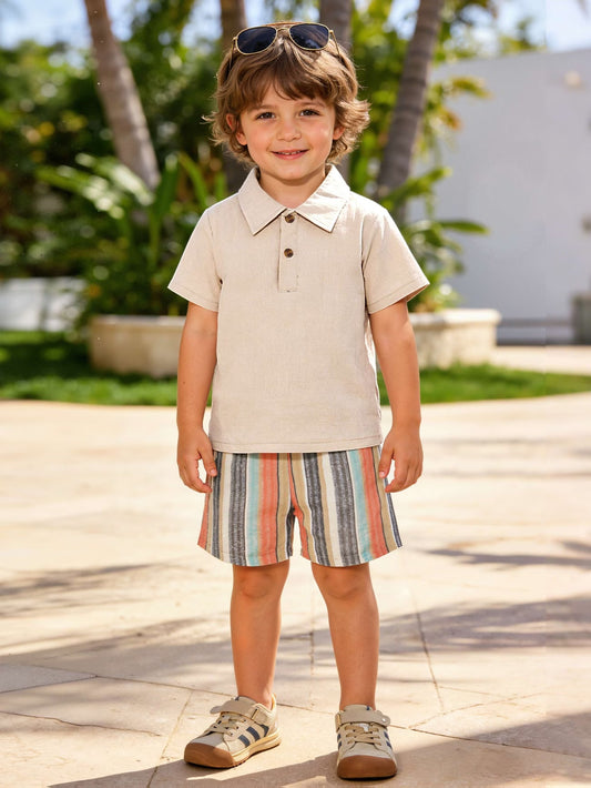Ensemble 2 Pièces pour Garçons : Chemise à Col Revers et Boutonnée de Couleur Unie avec Rayures Verticales Colorées et Shorts Décontractés d'Été - Parfait pour l'Extérieur du 3 au 10 ans MAEJORKEN