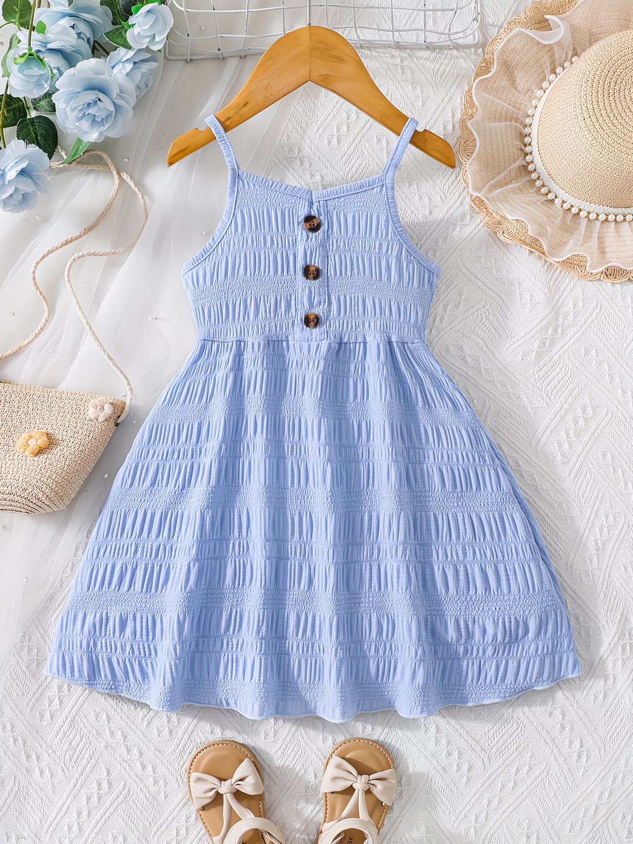 Robe d'été à fines bretelles et couleur unie, ornée de boutons du 3 au 8 ans MAEJORKEN