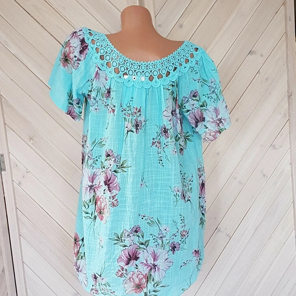 Chemisiers College floraux à lacets pour femmes, manches courtes, chemise en dentelle, t-shirts décontractés, mode estivale MAEJORKEN