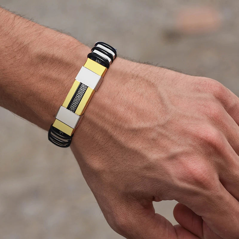 Vnox - Bracelet en acier inoxydable, bracelet pour homme, bracelet punk à maillons en silicone rainuré noir, bracelet punk élégant et décontracté MAEJORKEN