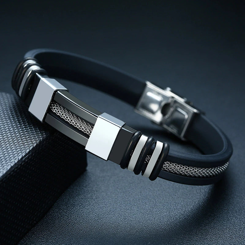 Vnox - Bracelet en acier inoxydable, bracelet pour homme, bracelet punk à maillons en silicone rainuré noir, bracelet punk élégant et décontracté MAEJORKEN